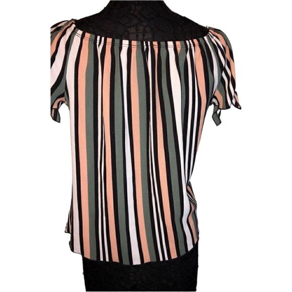FREE KISSES Women’s Stripe Top Blouse Green Mauve Orange Black White Size: L - Picture 3 of 4